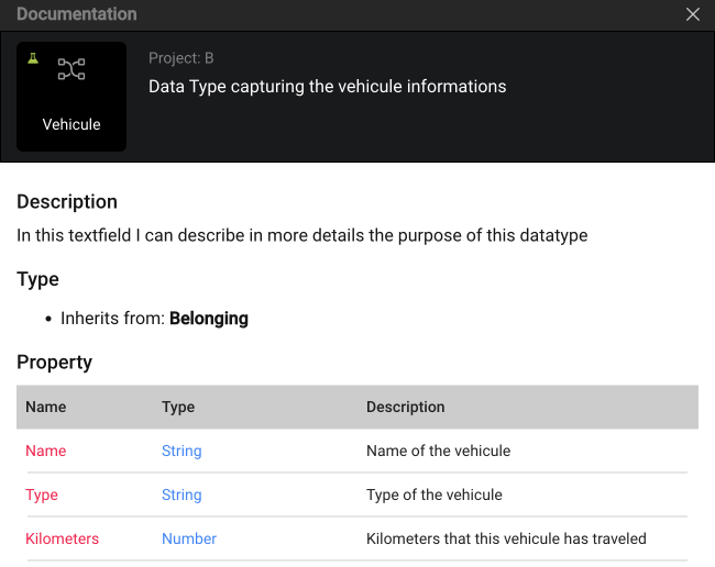 Data Type Documnetation Window